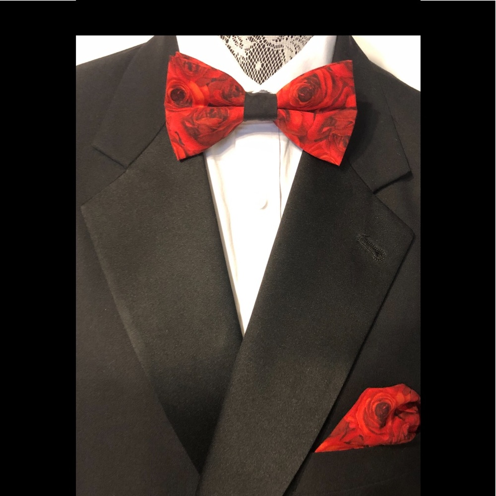 Mens Bow Tie Red & Black with Pocket Square